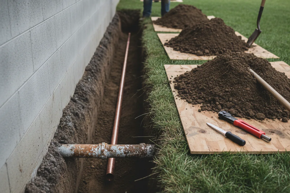 Excavated water line trench during Sewer Line Repair in Dutchtown